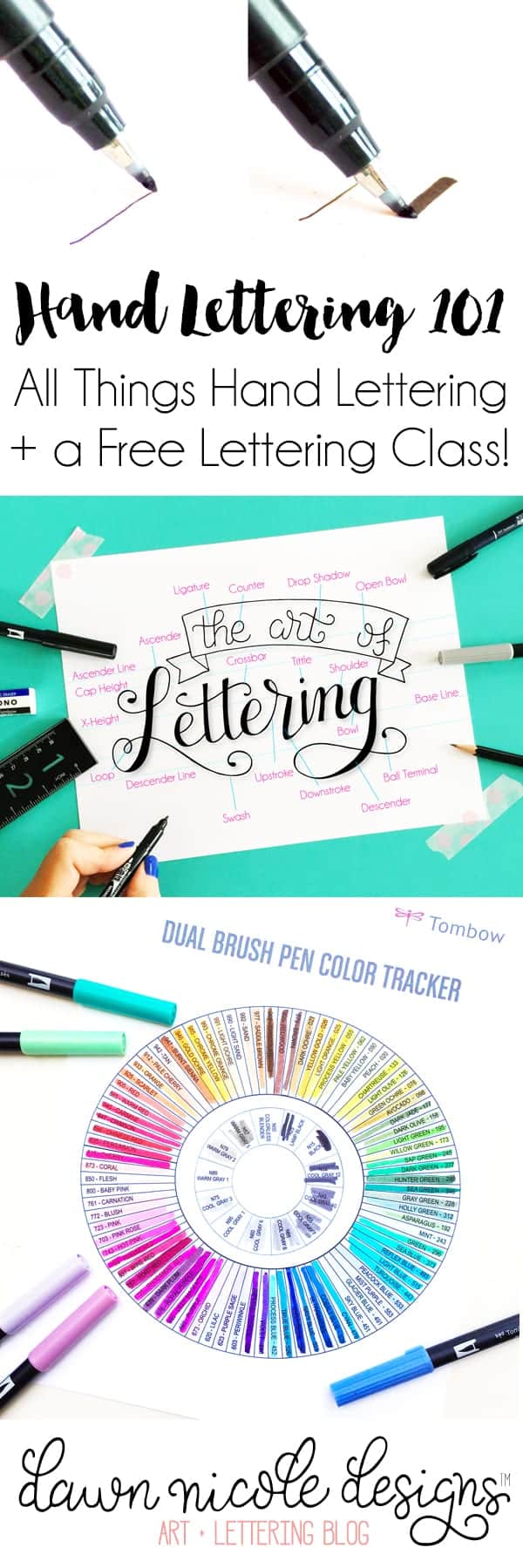Hand Lettering 101 | A guide to all things hand lettering and calligraphy + a free class and practice sheets! DawnNicoleDesigns.com
