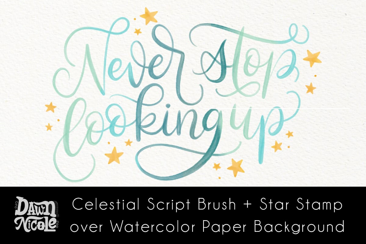 Watercolor Calligraphy Procreate Tutorial. Learn how to use the Celestial Lettering Brushes and Stamps to create this pretty "Never Stop Looking Up" piece.