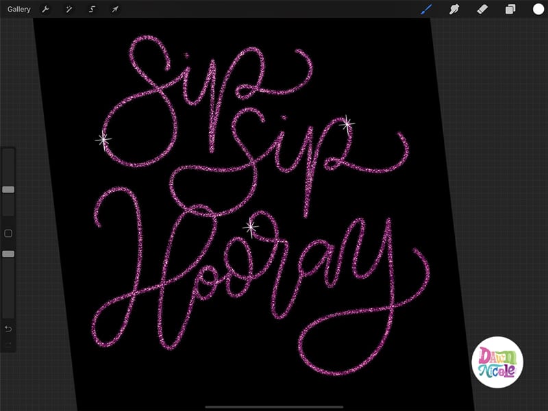 Glitter Lettering Procreate Tutorial. Learn how to use the Holiday Shimmer Brush and Glitter Texture papers to easily create a super sparkly lettering style!