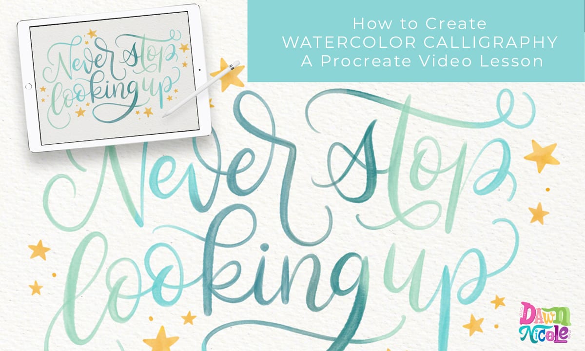 Watercolor Calligraphy Procreate Tutorial. Learn how to use my Celestial Lettering Brushes to create this pretty "Never Stop Looking Up" piece.