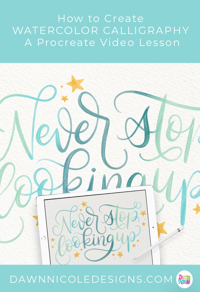Watercolor Calligraphy Procreate Tutorial. Learn how to use my Celestial Lettering Brushes to create this pretty "Never Stop Looking Up" piece.