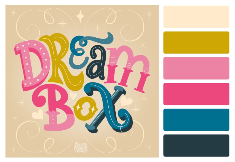 Happy Heart Color Palette + Lettering Inspiration. Grab the free color palette, check out the lettering pieces I created and make some of your own!