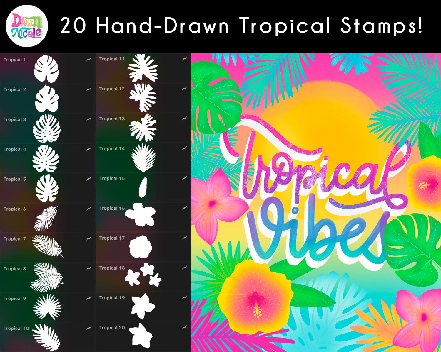 Tropical Vibes Procreate Lettering Kit. My newest Procreate Brush Bundle is full of vacation vibes. 4 new brushes, 20 hand-drawn stamps, and my tropical color palette.
