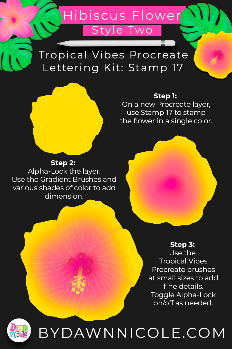 Hawaiian Flowers: Procreate Stamp Tutorial. Using stamps from my Tropical Vibes Lettering Kit, I'll show you how to make Plumeria and Hibiscus flowers.