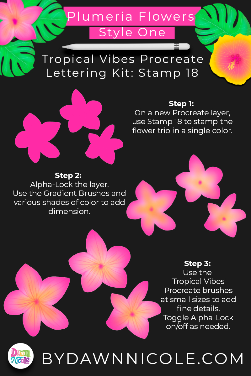 Hawaiian Flowers: Procreate Stamp Tutorial. Using stamps from my Tropical Vibes Lettering Kit, I'll show you how to make Plumeria and Hibiscus flowers.