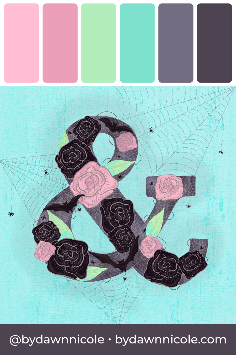 Spooky Glam Color Palette. Grab the free Halloween Chic color palette I used to create this spooky spider web and floral ampersand.