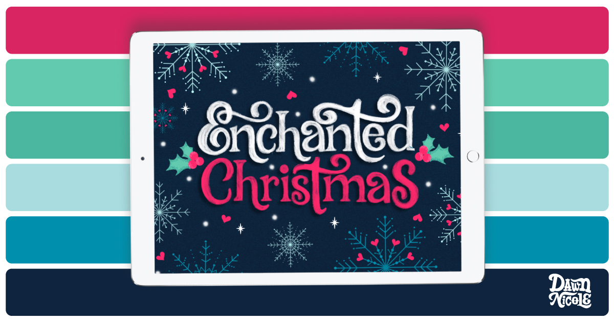 Enchanted Christmas Color Palette. Grab the free color palette I used to create this festive hand-lettered artwork in the Procreate app!