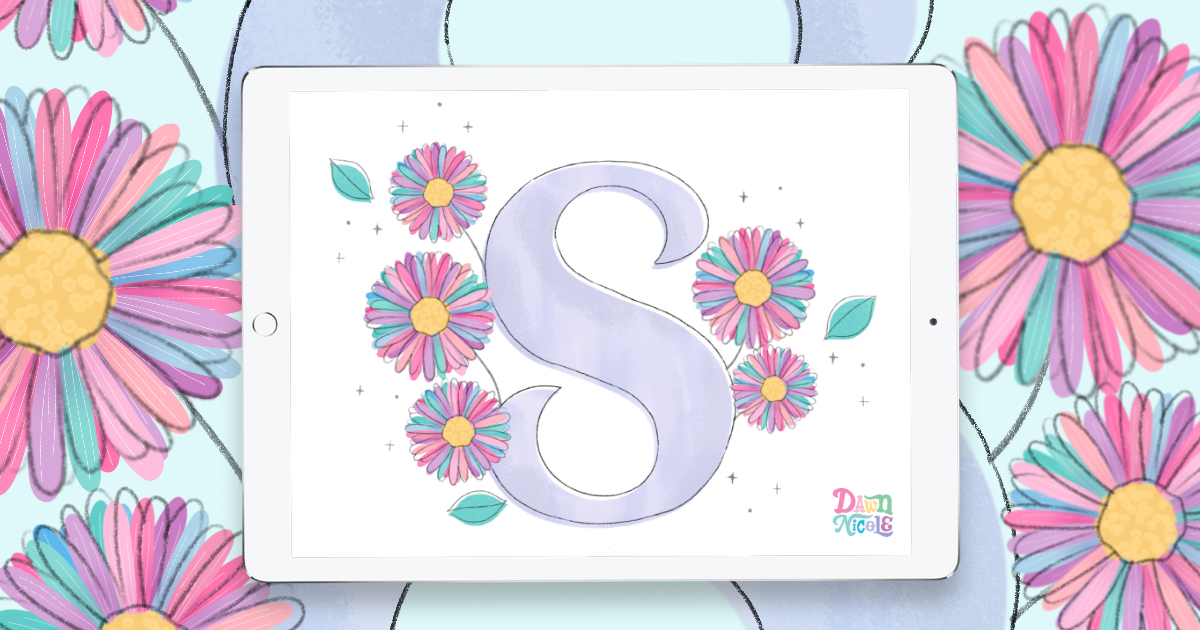 September Birth Flowers Drop Cap Tutorial. Follow along with my video on Procreate tips for creating this whimsical, childlike letter S. 