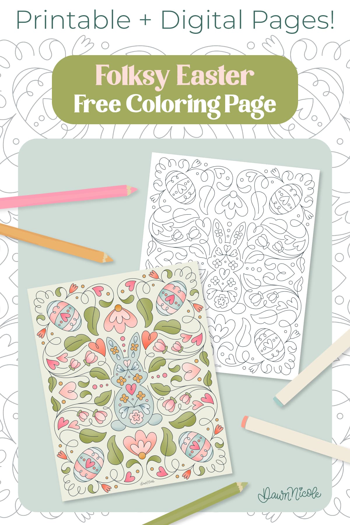 Free Easter Coloring Page. Download this free folksy hand-drawn coloring page in Printable and Digital formats!