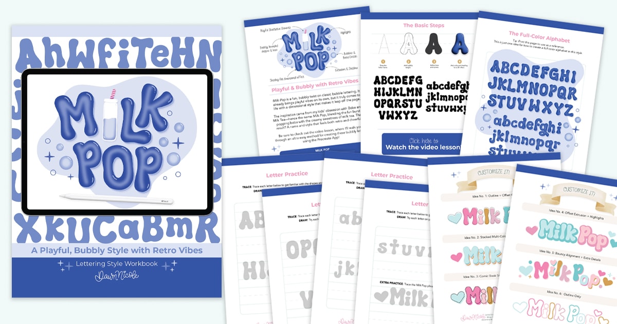 Bubble Letter Alphabet. Learn my Milk Pop Lettering Style, a bubbly and playful style perfect for hand lettering, creative projects, and Procreate artists!