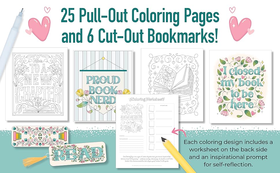 The Bibliophile's Coloring and Lettering Book. A Cozy Collection of Hand-Drawn Coloring Pages, Trace-to-Learn Lettering Styles, and Shareable Bookmarks for Book Lovers.