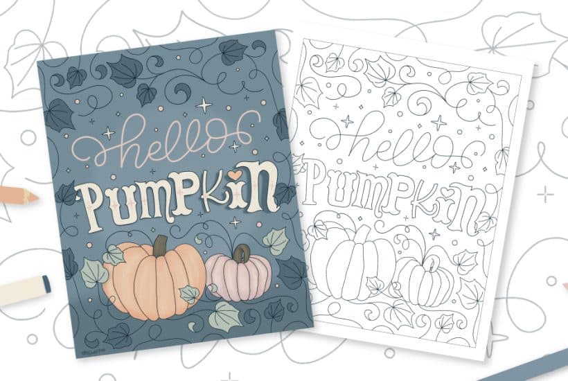 Hello Pumpkin Fall Coloring Page. Celebrate Autumn with this free, hand-drawn printable and digital coloring page!