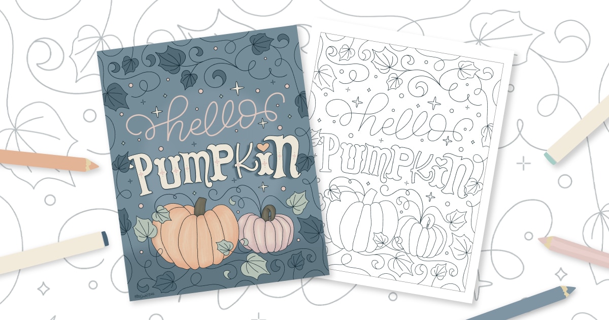 Hello Pumpkin Fall Coloring Page. Celebrate Autumn with this free, hand-drawn printable and digital coloring page!