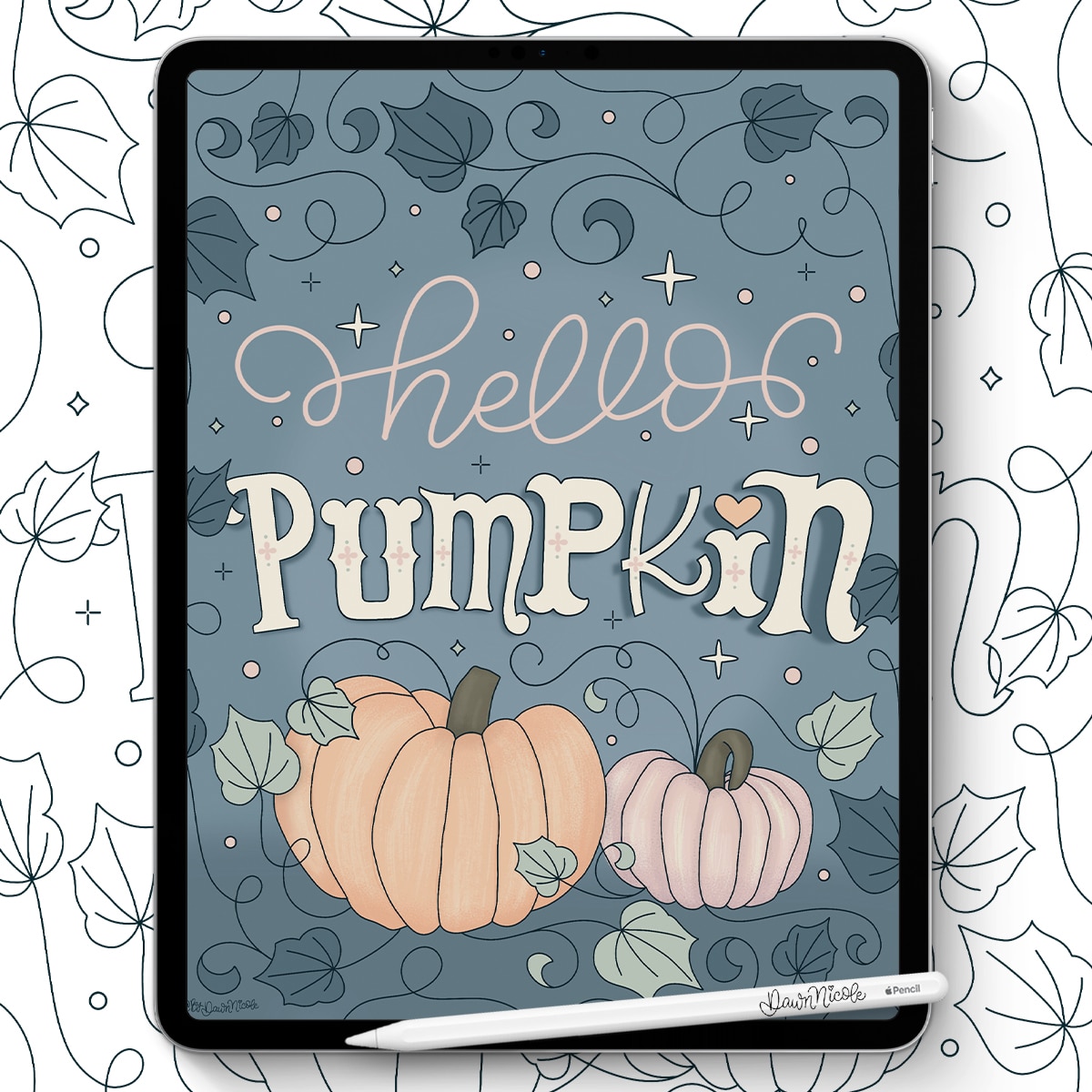 Hello Pumpkin Fall Coloring Page. Celebrate Autumn with this free, hand-drawn printable and digital coloring page!