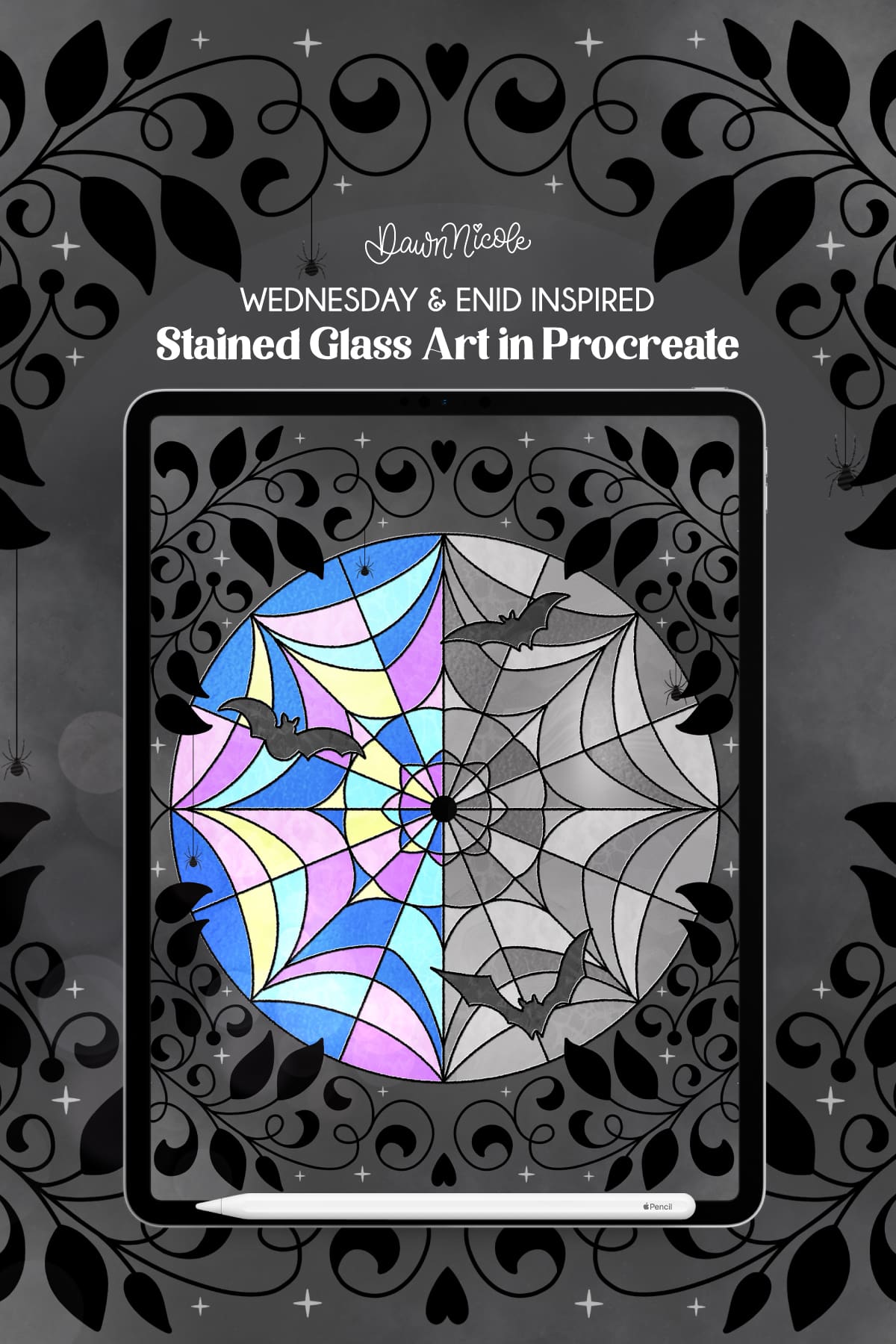 Stained Glass Art in Procreate. Follow my step-by-step Procreate video tutorial to create this Wednesday-inspired art with gothic details.