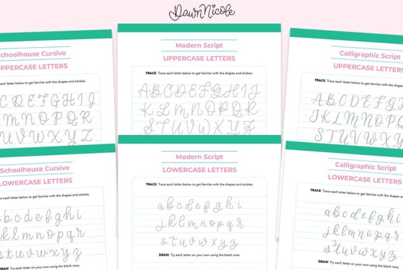 Three Cursive Alphabets: Free Printable Worksheets. Practice a schoolhouse cursive, a bouncy modern script, and a calligraphic style with my free trace-to-learn worksheet set!