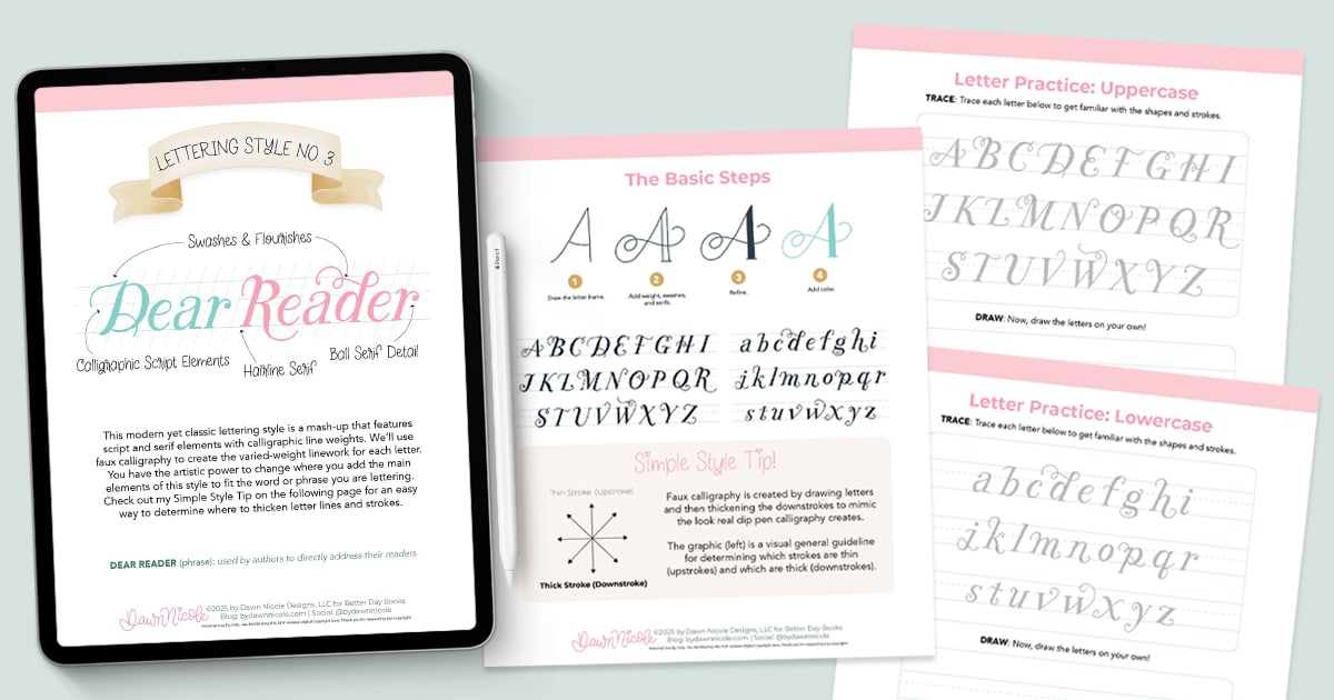 Free Printable Lettering Worksheets. Practice my "Dear Reader" style with these trace-to-learn free printable lettering worksheets!