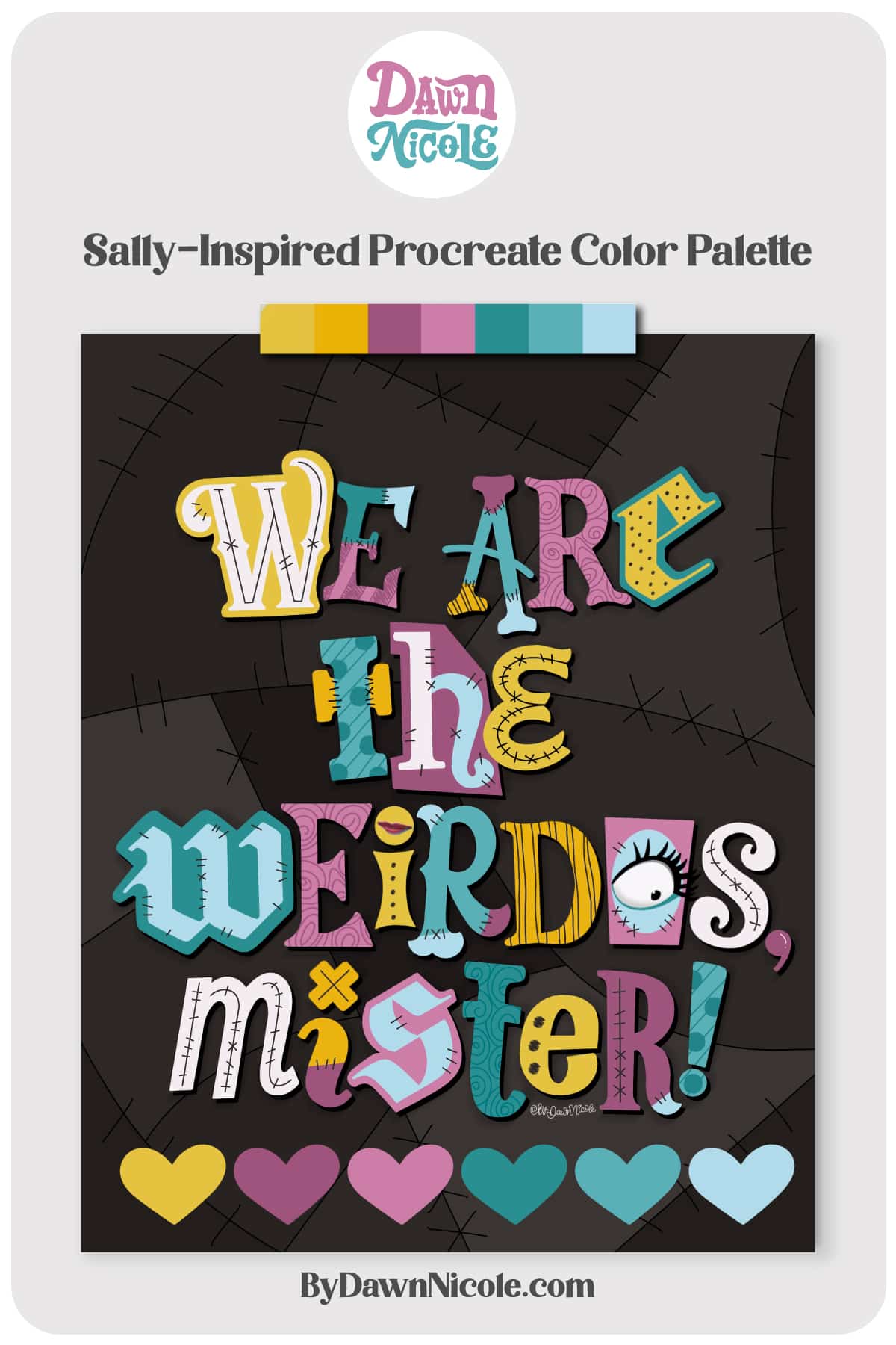 Sally-Inspired Procreate Color Palette. Get the free palette from my lettering, featuring a Nightmare Before Christmas meets The Craft theme.