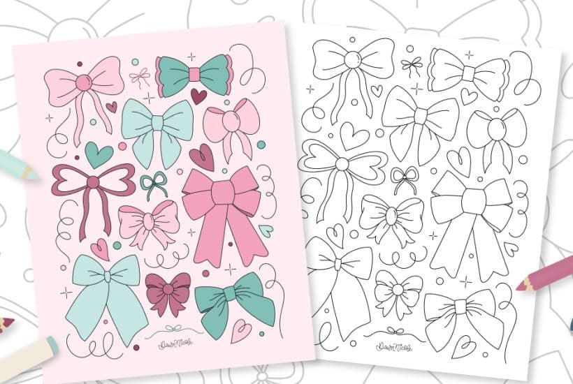 Cute Coquette Bows Coloring Page. An unapologetically girly hand-drawn free printable and digital coloring page!