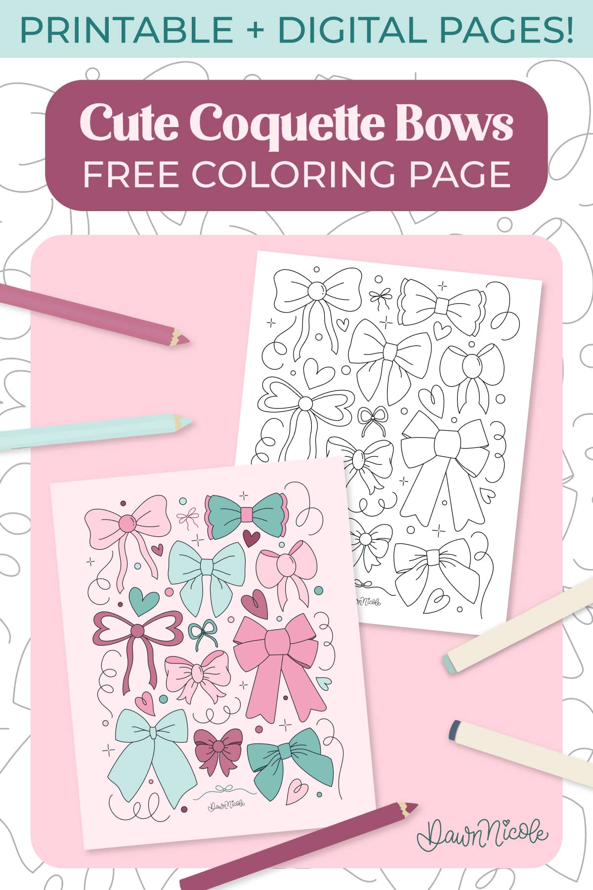 Cute Coquette Bows Coloring Page. An unapologetically girly hand-drawn free printable and digital coloring page!