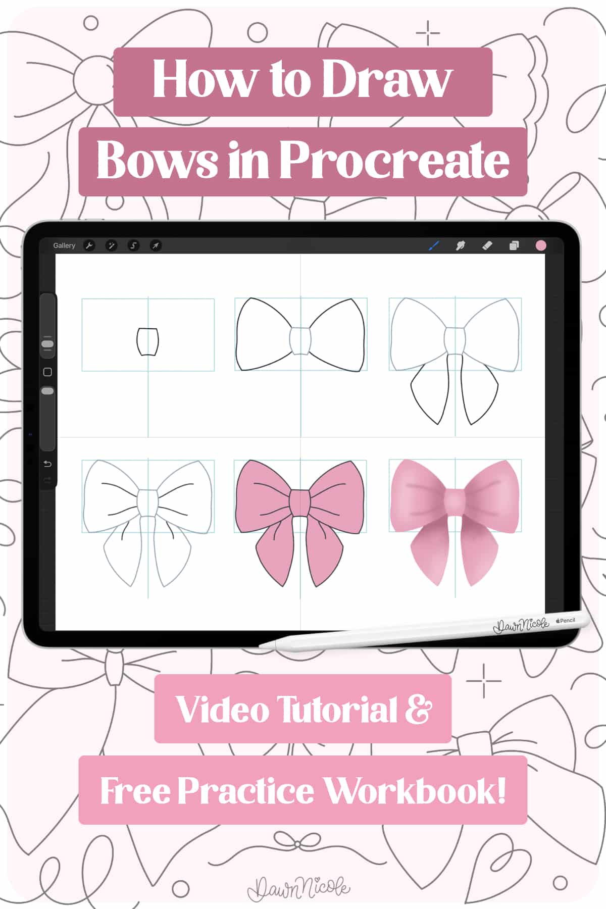 How to Draw Bows in Procreate. Learn ten cute ways to draw bows in my video tutorial. Plus, download a free practice workbook!