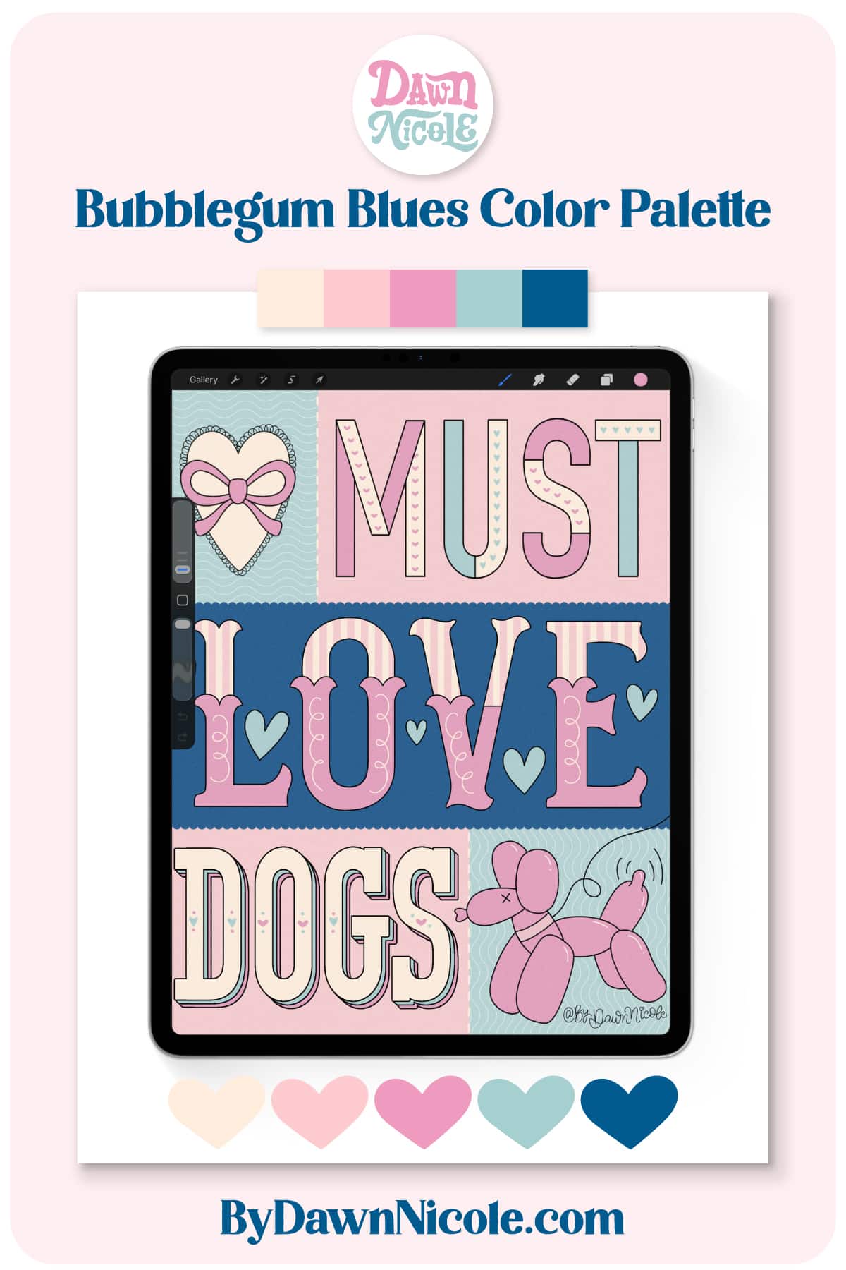 Bubblegum Blues Procreate Color Palette. Download the free Bubblegum Blues Procreate Color Palette with pops of pink, blue, and retro-inspired colors for cute lettering projects.