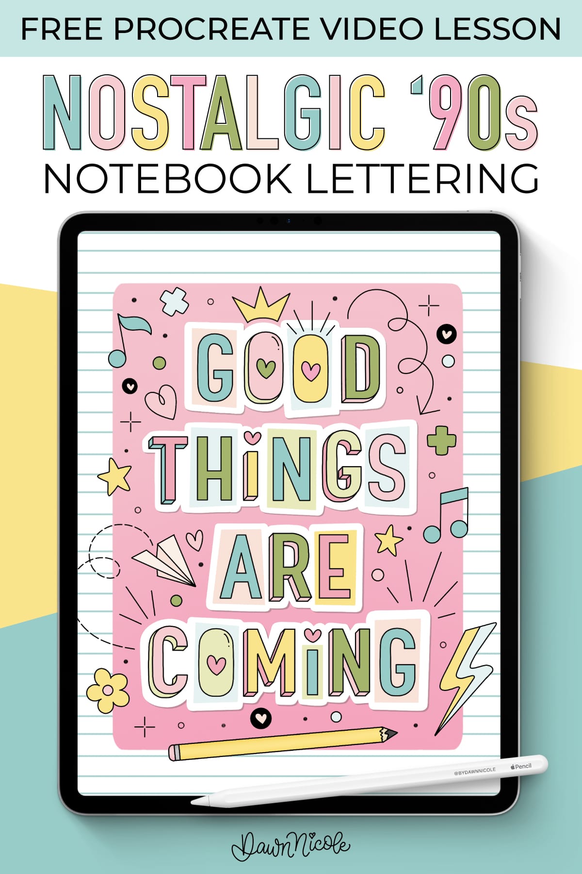 Nostalgic '90s-Inspired Notebook Lettering. Follow along as I show you how to create this playful retro lettering style in a step-by-step Procreate video lesson.