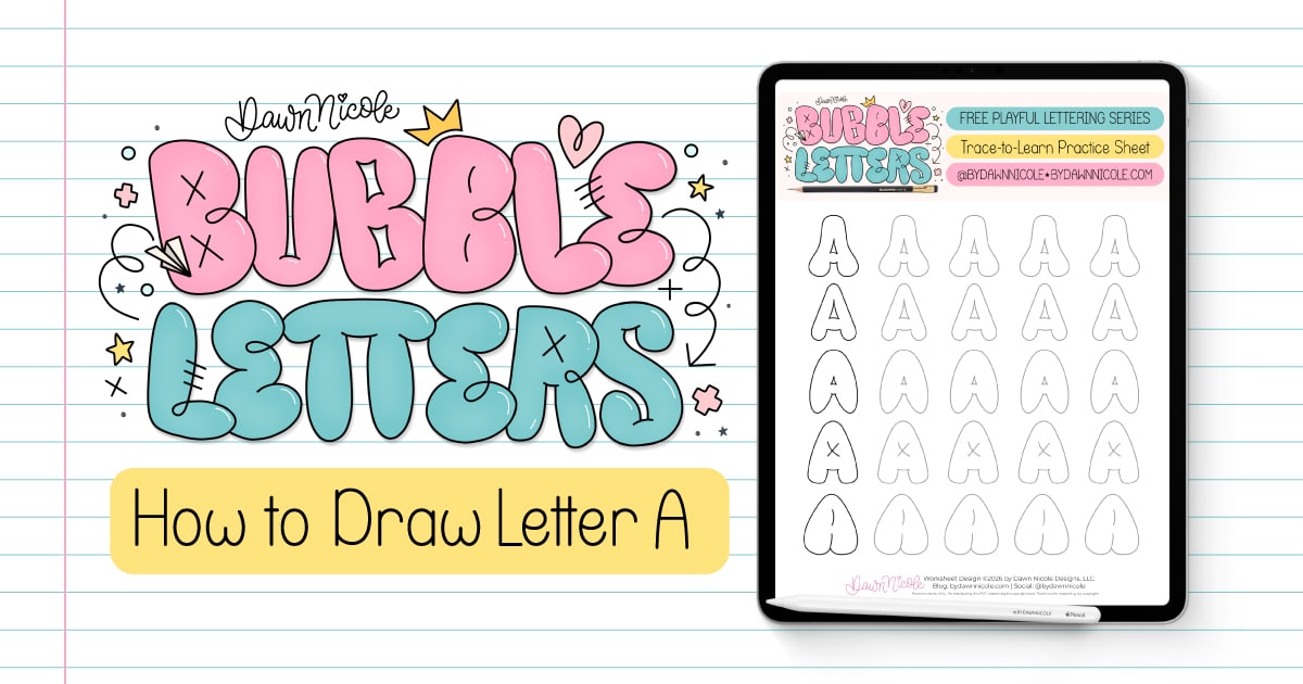 Bubble Letter A (Tutorial + Free Practice Sheet!). Learn how to draw a bubble letter A step-by-step, plus download a free printable practice sheet to trace and color!