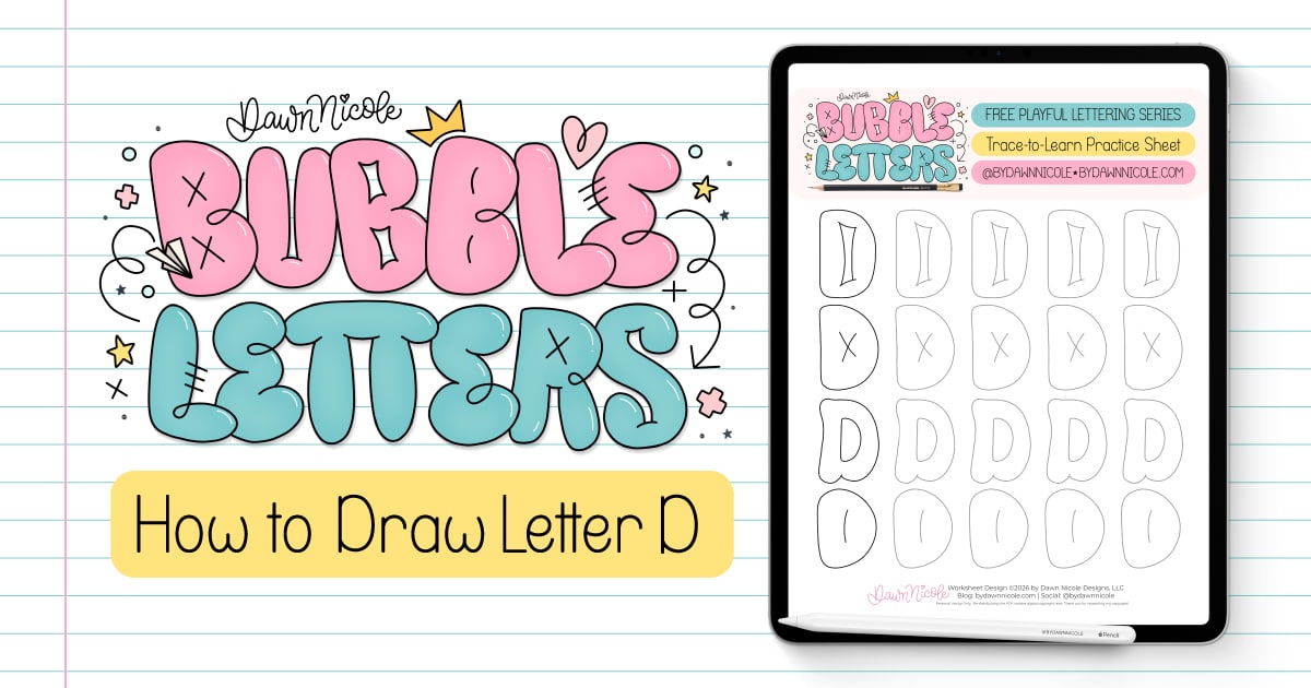 Bubble Letter D (Tutorial + Free Practice Sheet!). Learn how to draw a bubble letter D step-by-step, plus download a free printable practice sheet to trace and color!
