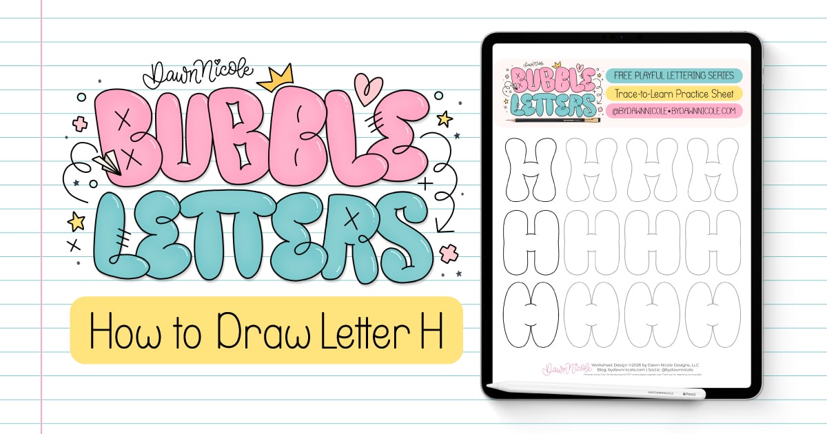 Bubble Letter H (Tutorial + Free Practice Sheet!). Learn how to draw a bubble letter H three ways, plus download a free printable practice sheet to trace and color!