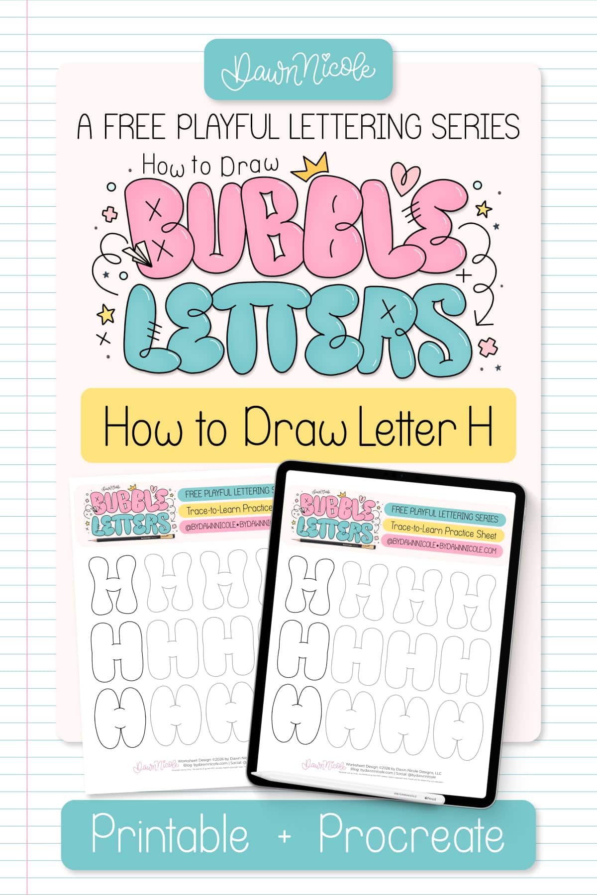 Bubble Letter H (Tutorial + Free Practice Sheet!). Learn how to draw a bubble letter H three ways, plus download a free printable practice sheet to trace and color!