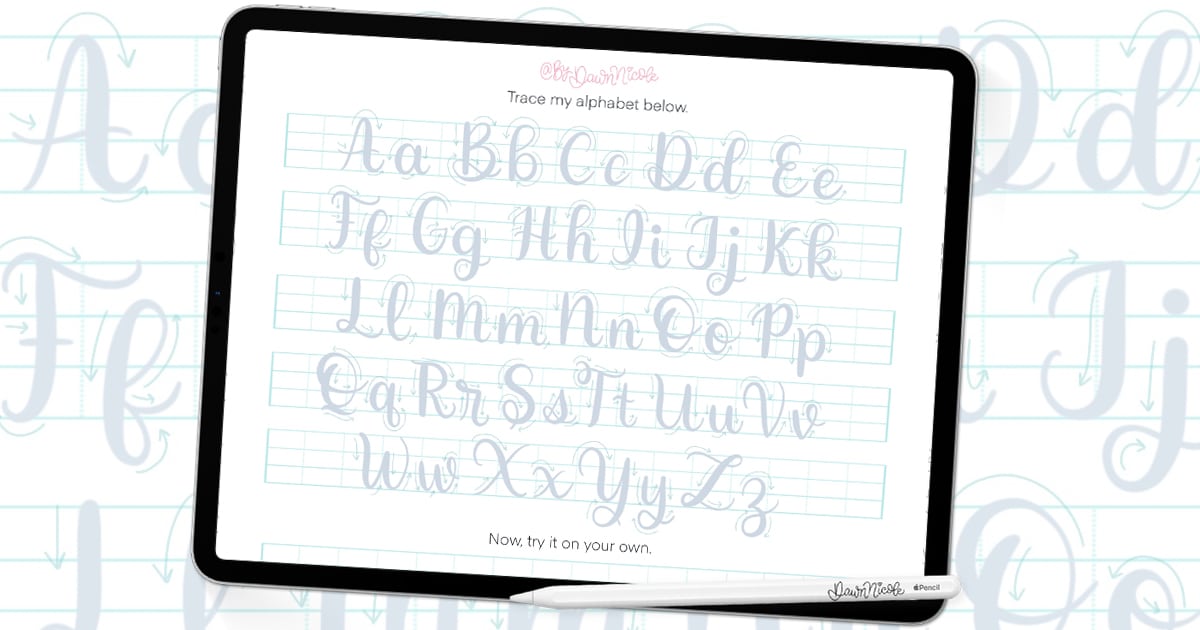 Calligraphy Alphabet Guide + Free Practice Sheets. Learn the calligraphy alphabet step by step with printable and Procreate practice sheets for beginners on paper or iPad.