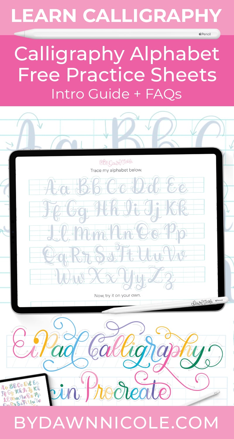 Calligraphy Alphabet Guide + Free Practice Sheets. Learn the calligraphy alphabet step by step with printable and Procreate practice sheets for beginners on paper or iPad.