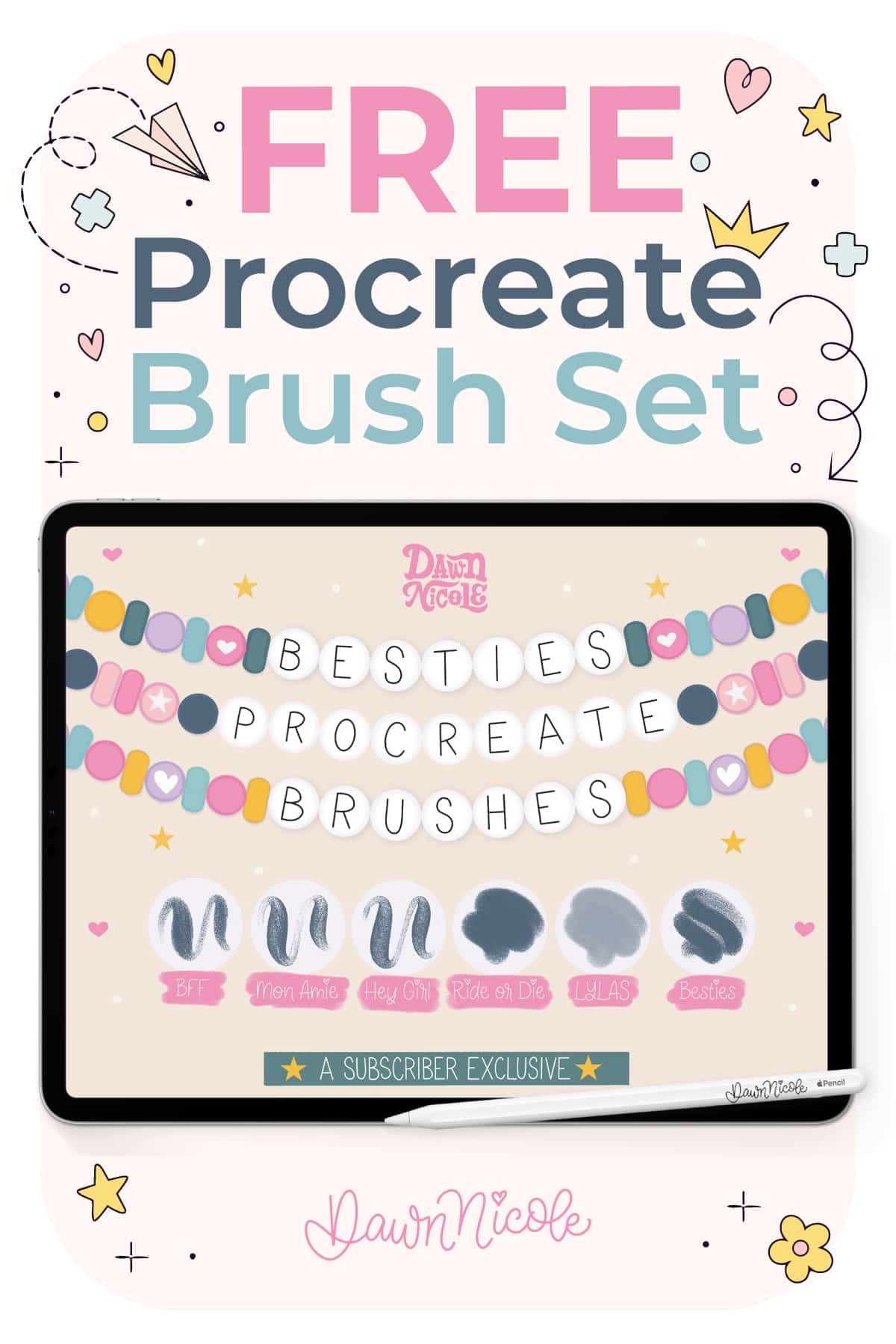 Free Procreate Brushes for Lettering and Texture. Download free Procreate brushes in my Besties Brush Set. Includes 6 custom brushes for cute lettering, texture, and playful iPad art.