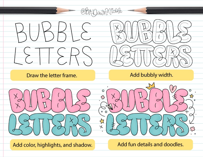 How to Draw Bubble Letters (A-Z Tutorials + Free Printables). Learn how to draw bubble letters A–Z with easy step-by-step tutorials. Plus, grab a free printable worksheet for each bubble letter!