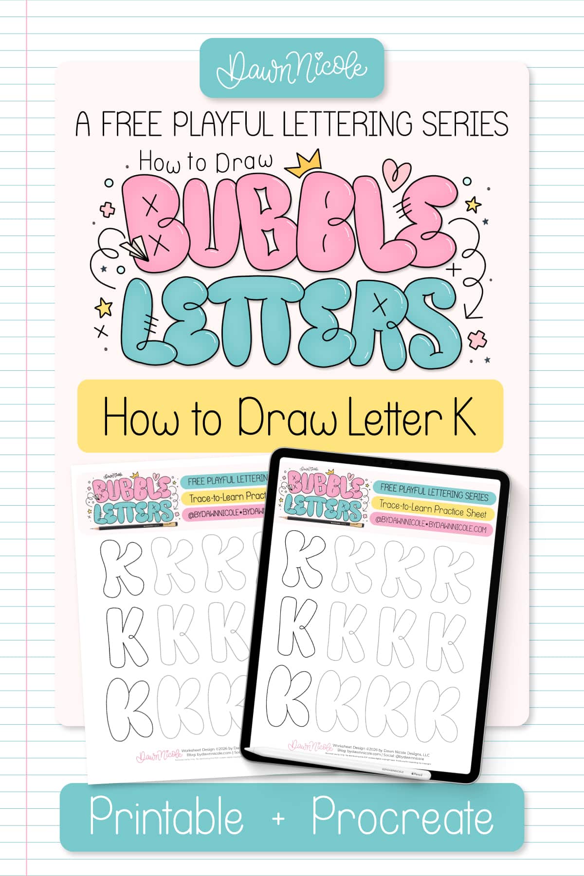 Bubble Letter K (Tutorial + Free Practice Sheet!). Learn how to draw a bubble letter K three ways, plus download a free printable practice sheet to trace and color!