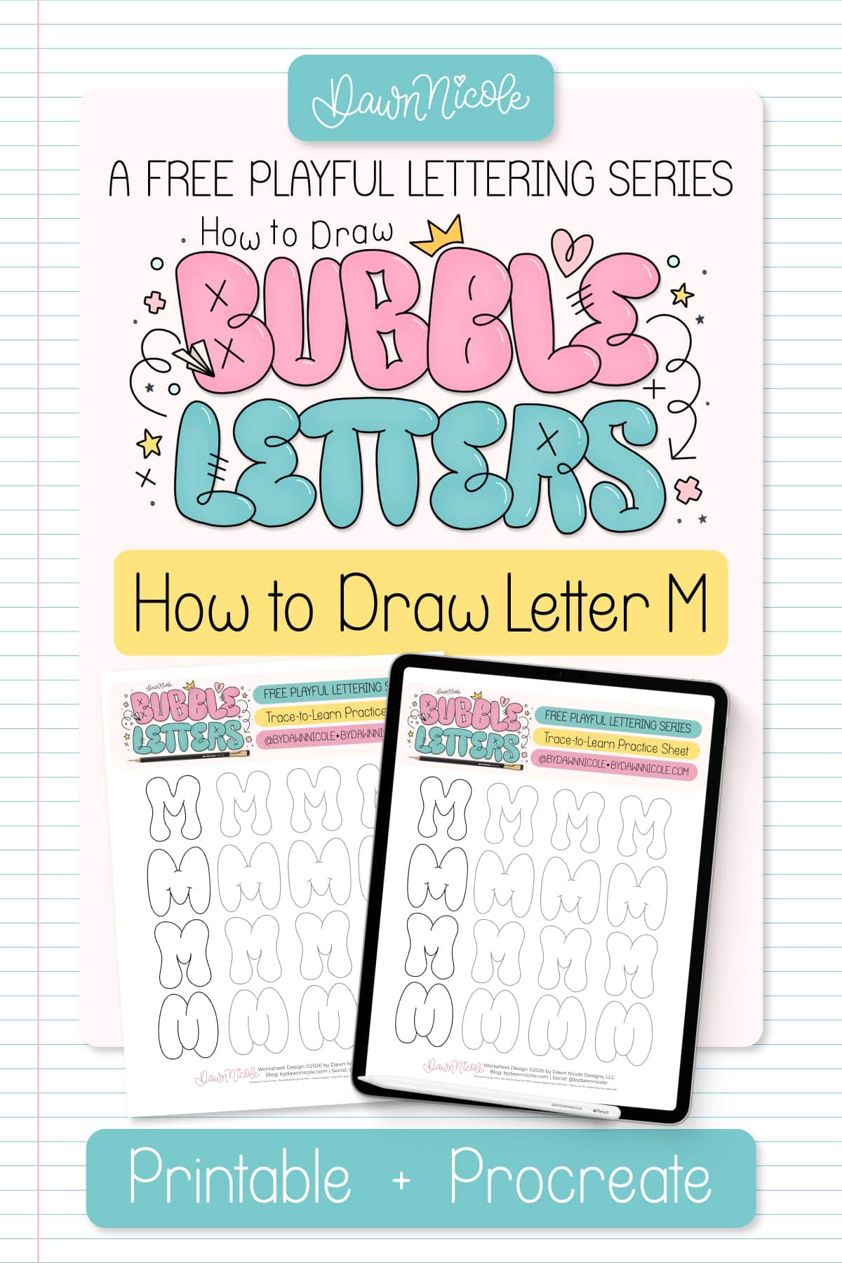 Bubble Letter M (Tutorial + Free Practice Sheet!). Learn how to draw a bubble letter M four ways, plus download a free printable practice sheet to trace and color!