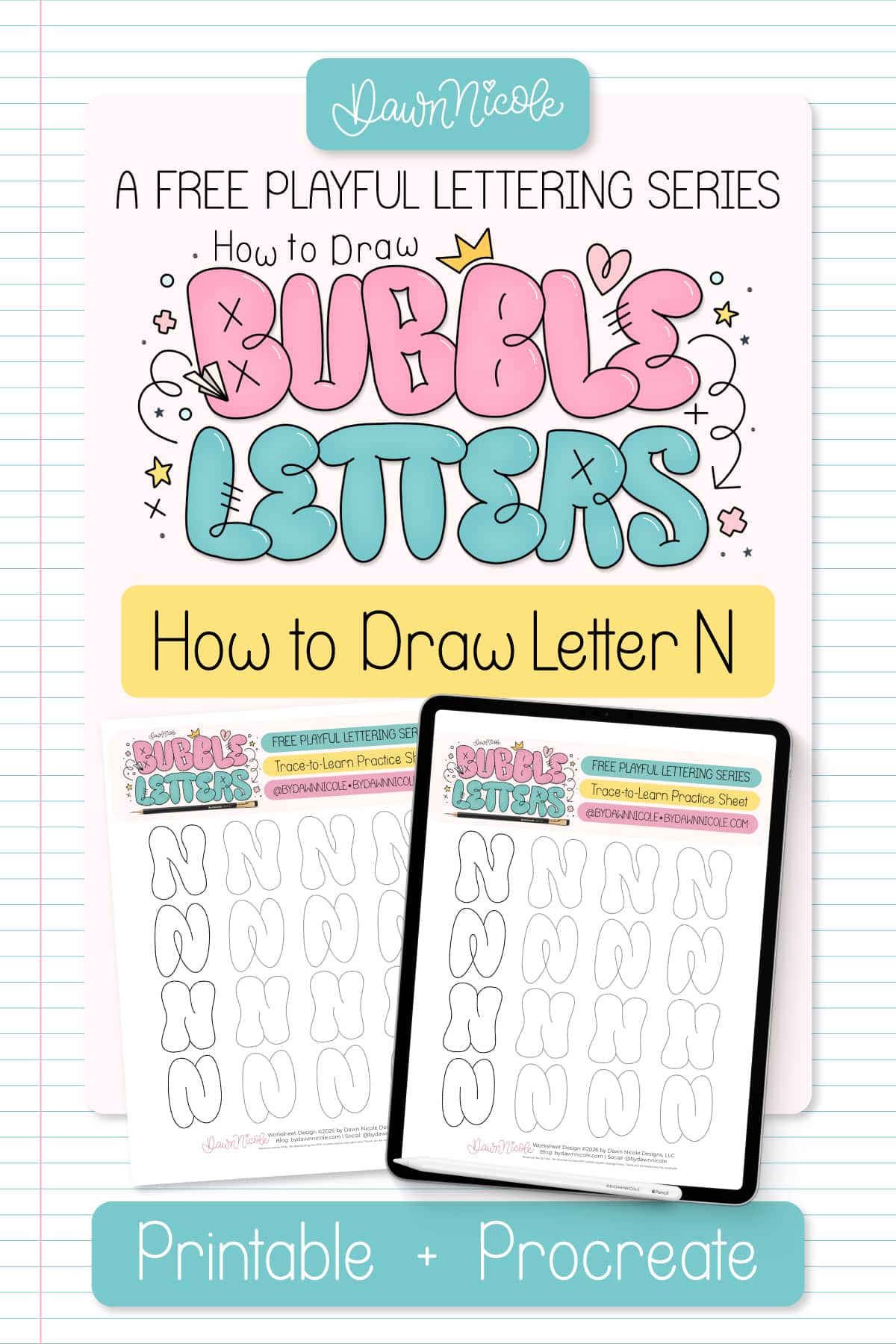 Bubble Letter N (Tutorial + Free Practice Sheet!). Learn how to draw a bubble letter N four ways, plus download a free printable practice sheet to trace and color!