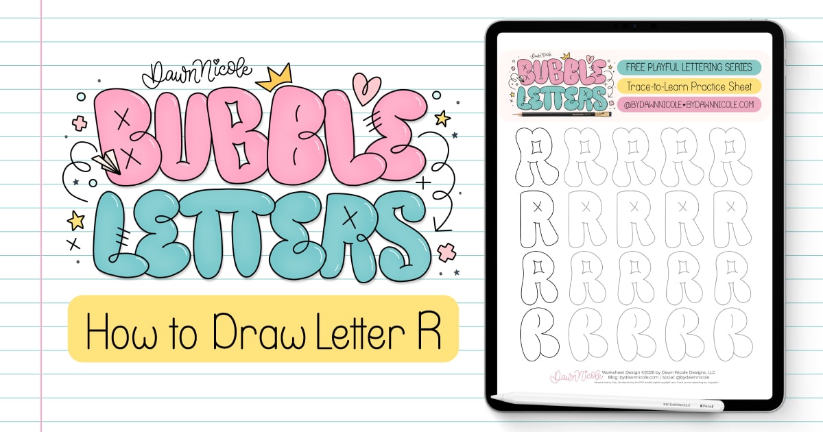 Learn how to draw a bubble letter R in four ways, plus download a free printable practice sheet to trace and color!