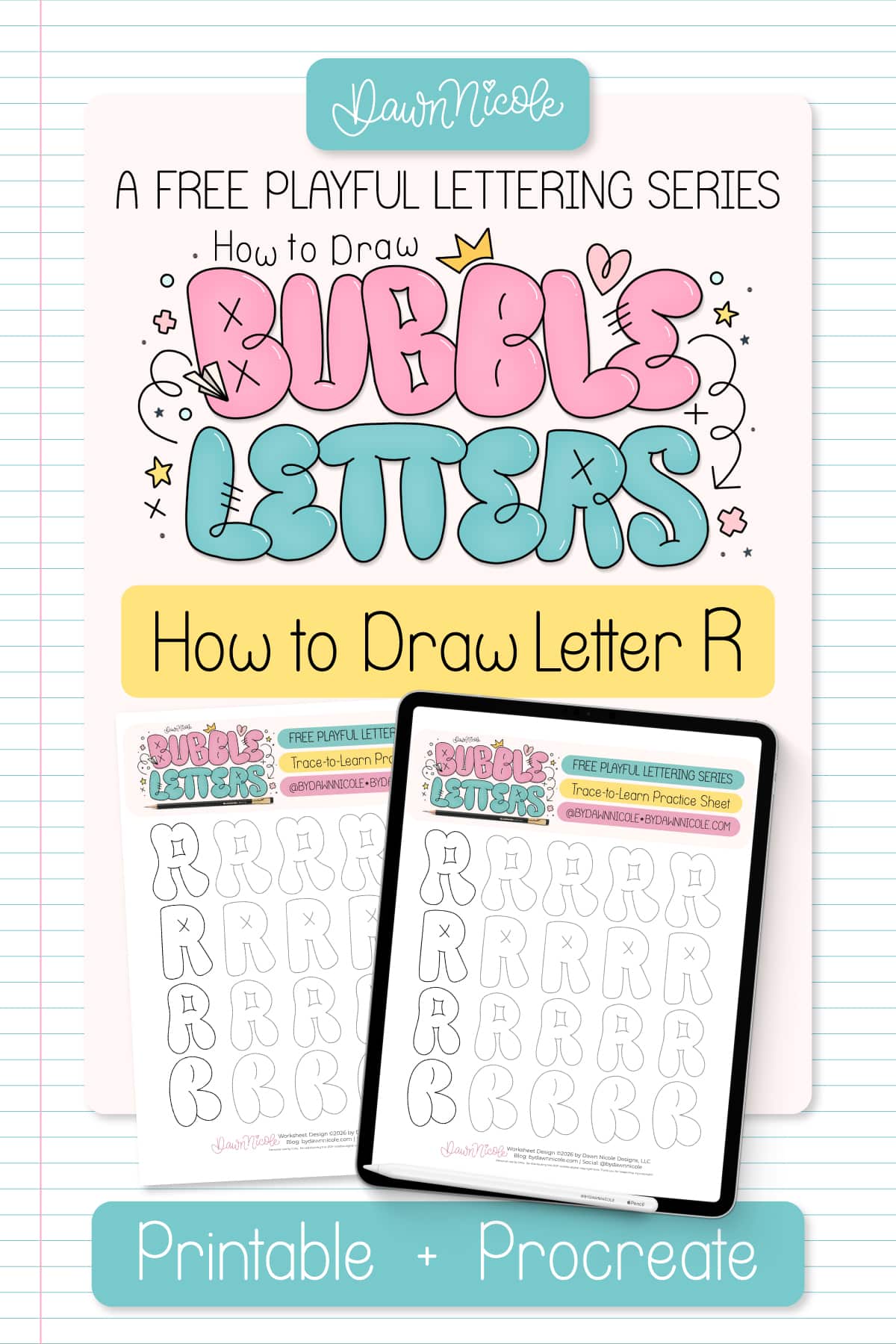Learn how to draw a bubble letter R in four ways, plus download a free printable practice sheet to trace and color!