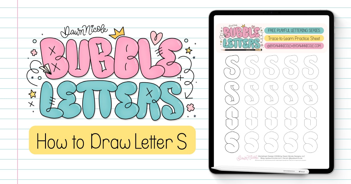 Learn how to draw a bubble letter S in four ways, plus download a free printable practice sheet to trace and color!
