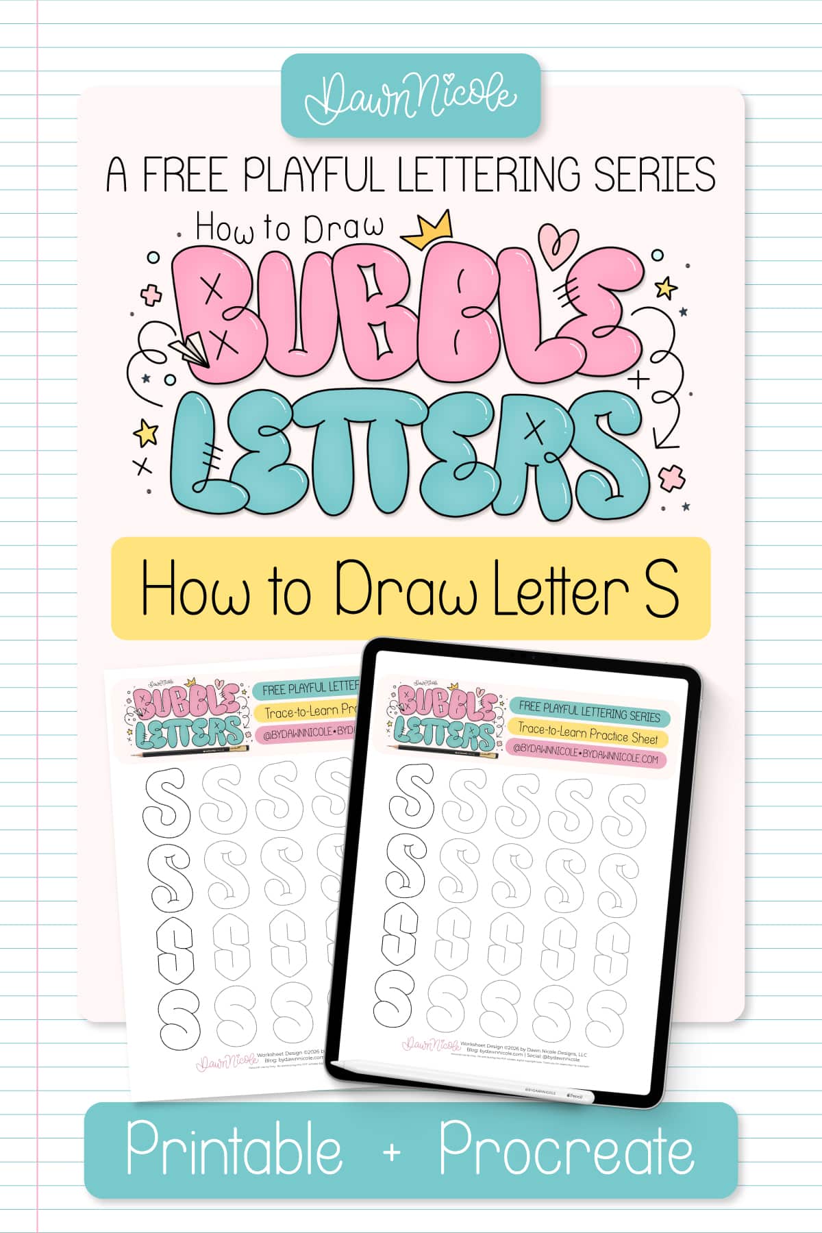 Learn how to draw a bubble letter S in four ways, plus download a free printable practice sheet to trace and color!