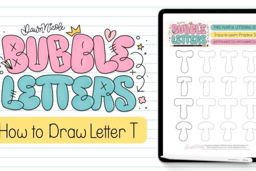 Bubble Letter T (Tutorial + Free Practice Sheet!). Learn how to draw a bubble letter T in four ways, plus download a free printable practice sheet to trace and color!