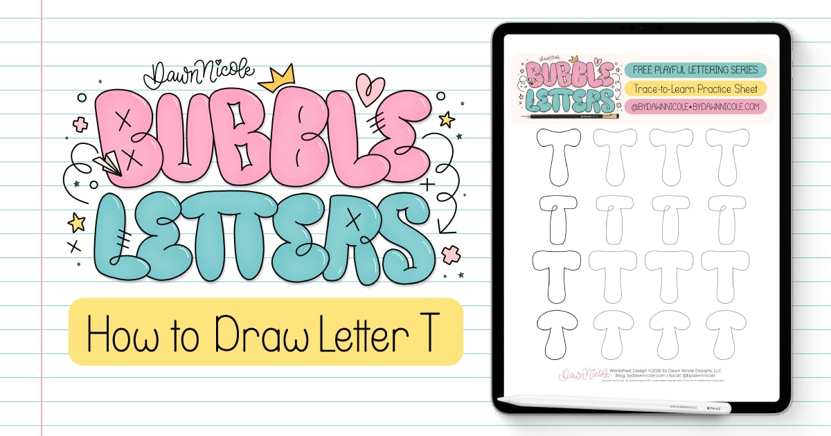 Bubble Letter T (Tutorial + Free Practice Sheet!). Learn how to draw a bubble letter T in four ways, plus download a free printable practice sheet to trace and color!