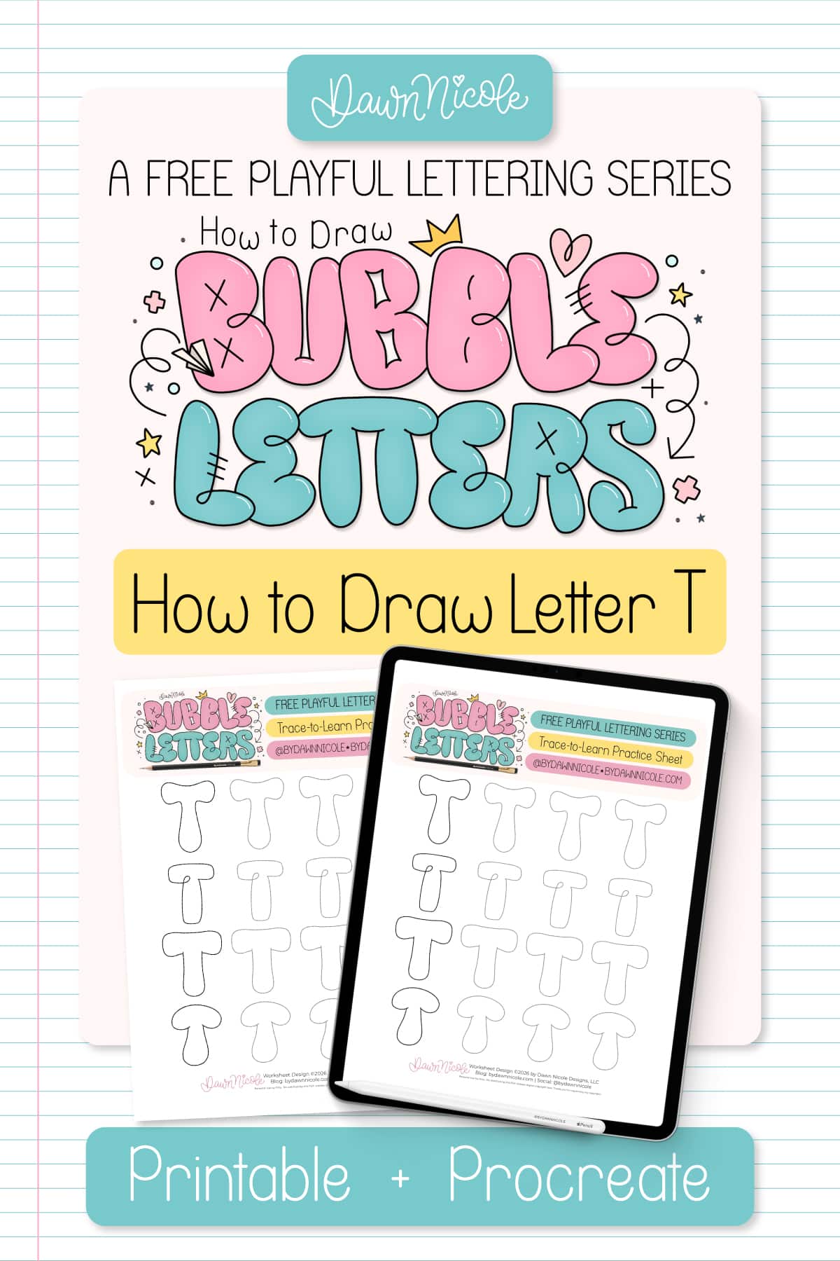 Bubble Letter T (Tutorial + Free Practice Sheet!). Learn how to draw a bubble letter T in four ways, plus download a free printable practice sheet to trace and color!