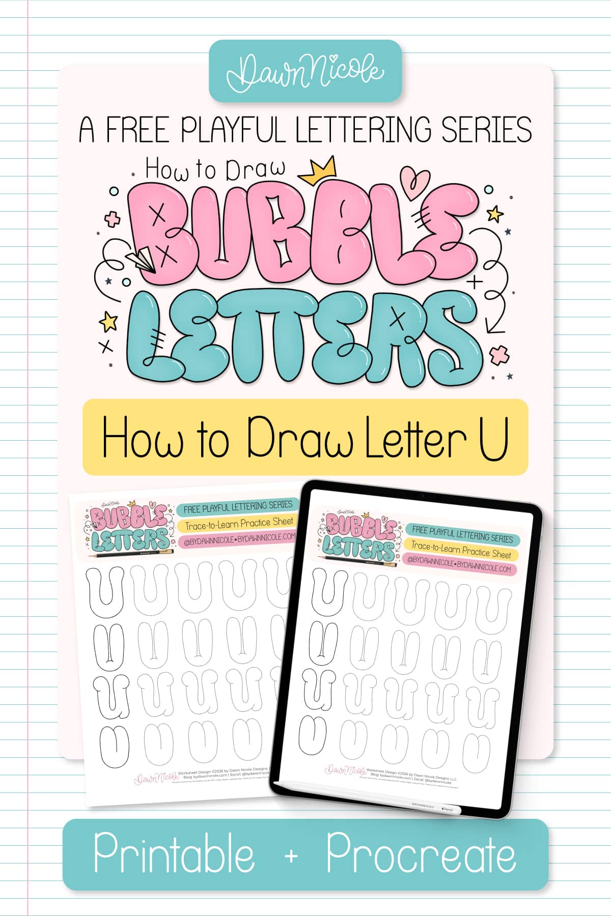Bubble Letter TU(Tutorial + Free Practice Sheet!). Learn how to draw a bubble letter U in four ways, plus download a free printable practice sheet to trace and color!