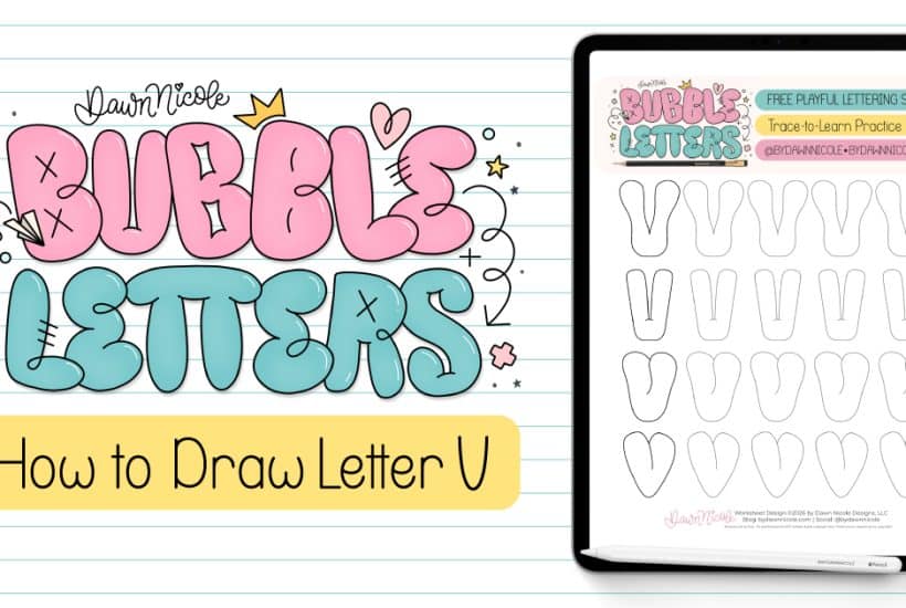 Bubble Letter V (Tutorial + Free Practice Sheet!). Learn how to draw a bubble letter V in four ways, plus download a free printable practice sheet to trace and color!