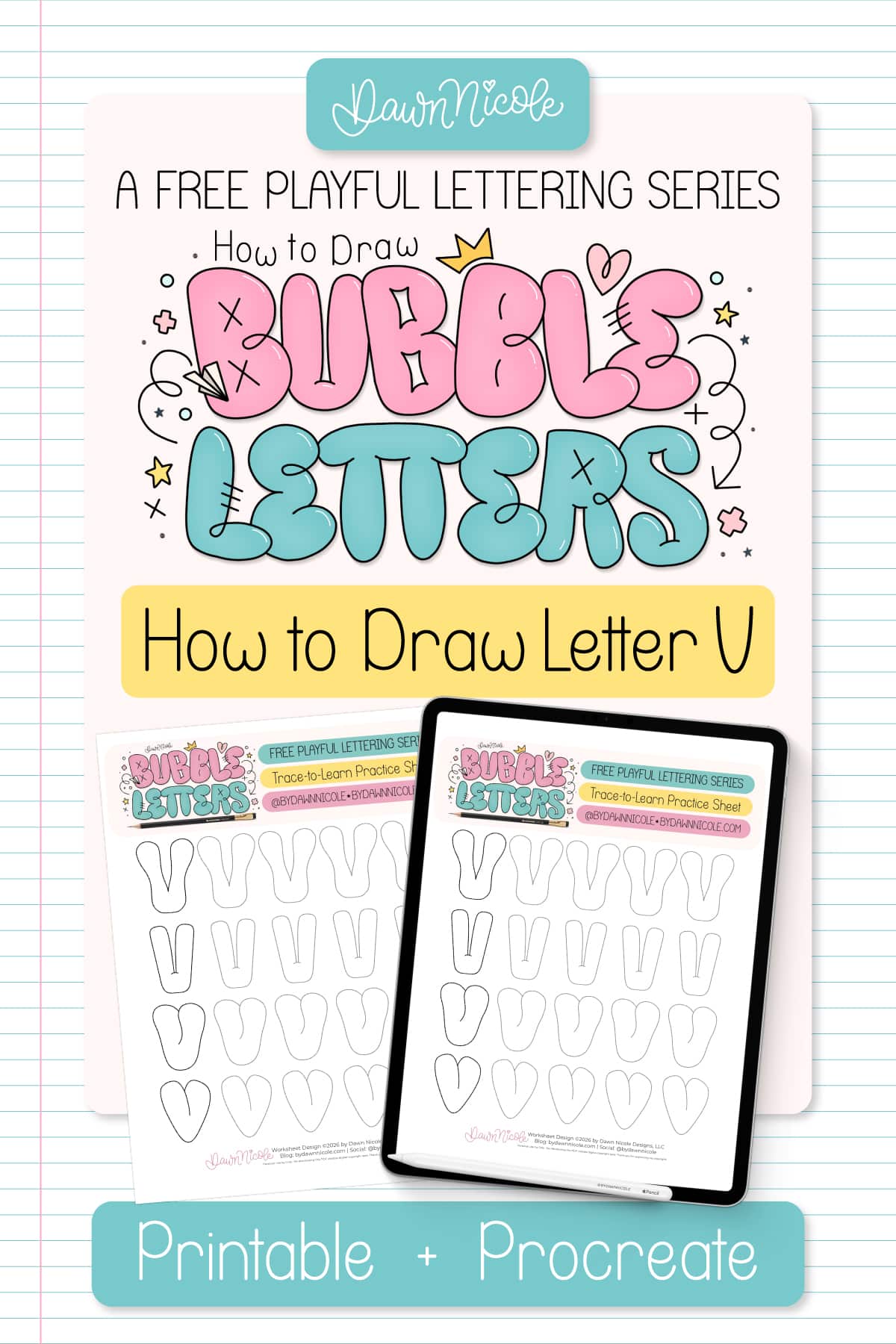 Bubble Letter V (Tutorial + Free Practice Sheet!). Learn how to draw a bubble letter V in four ways, plus download a free printable practice sheet to trace and color!