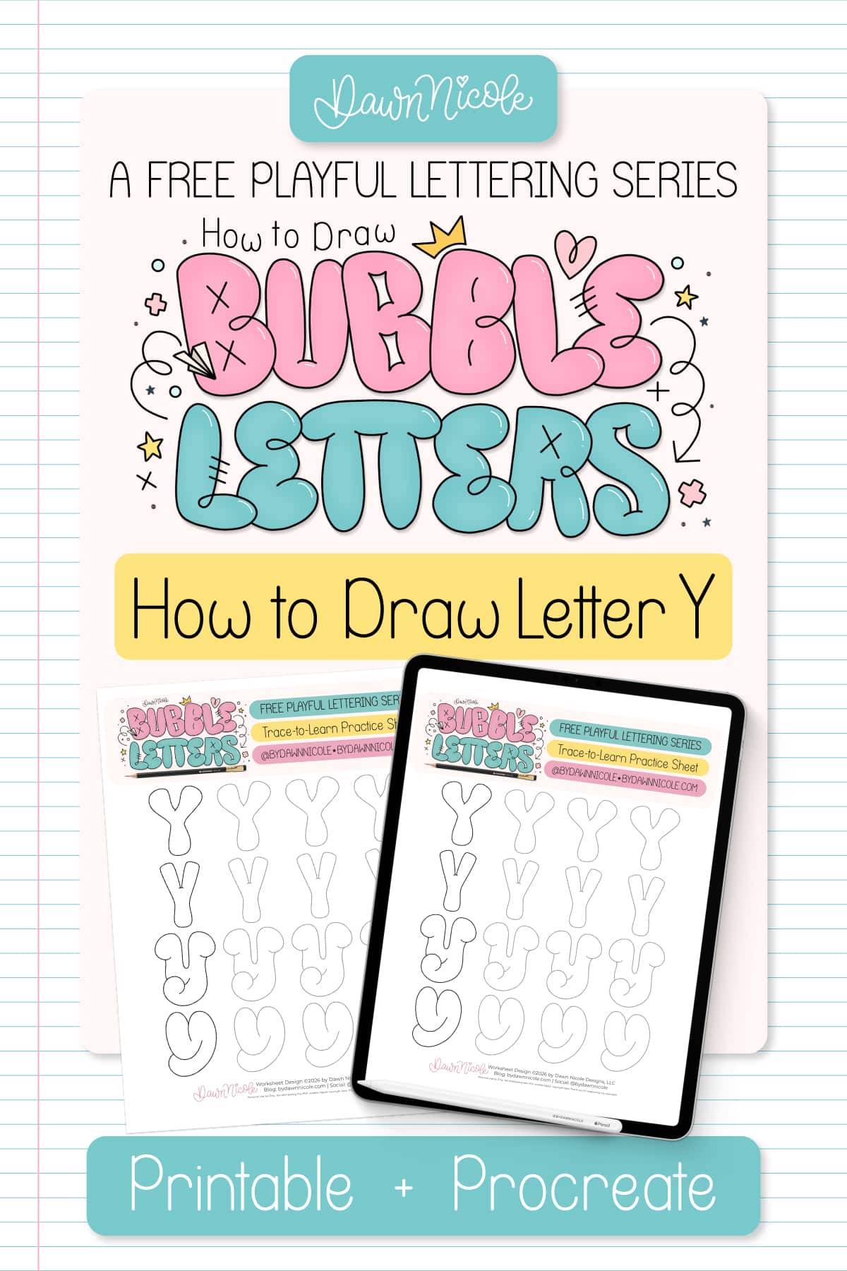 Learn how to draw a bubble letter Y in four ways, plus download a free printable practice sheet to trace and color!