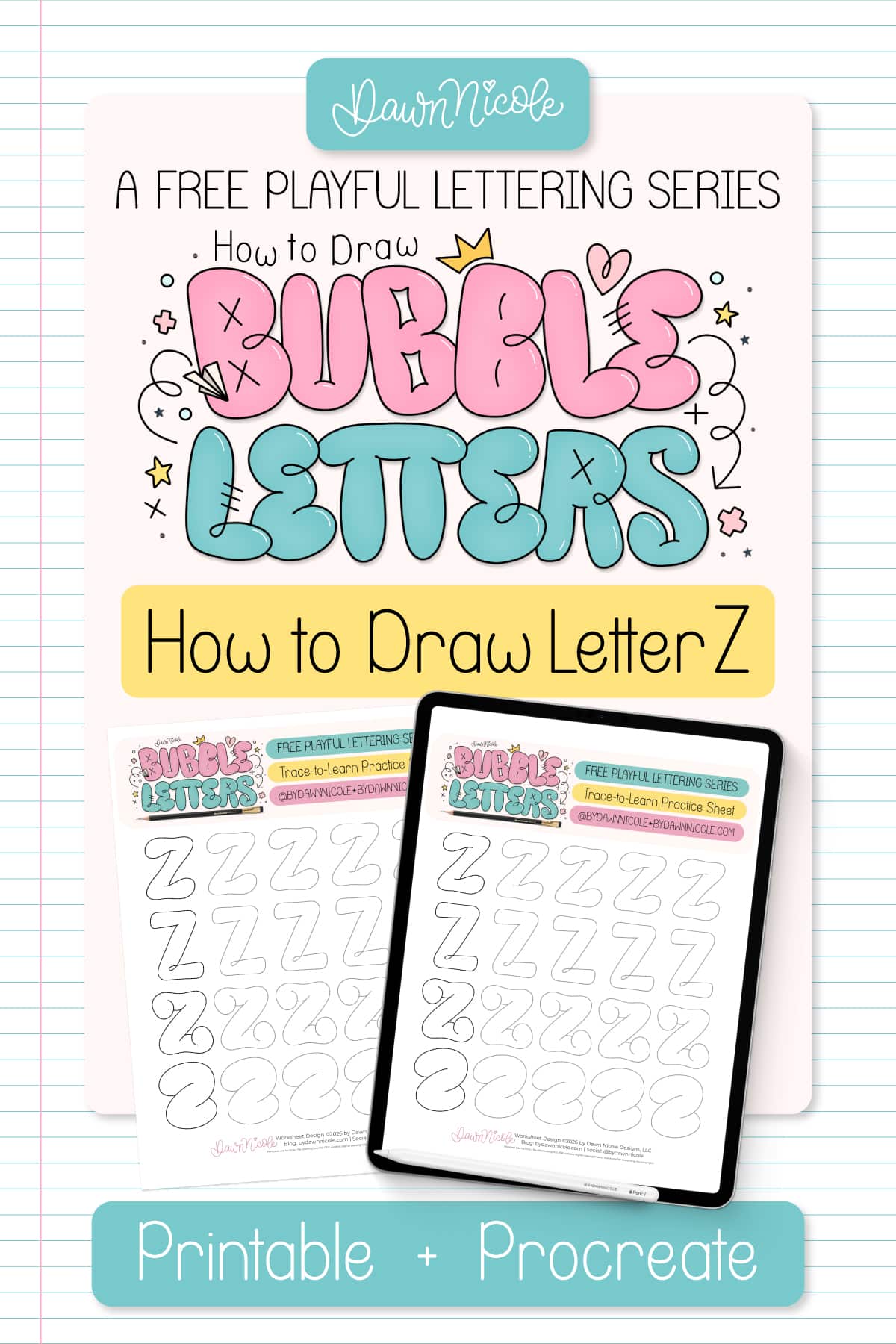 Learn how to draw a bubble letter Z in four ways, plus download a free printable practice sheet to trace and color!